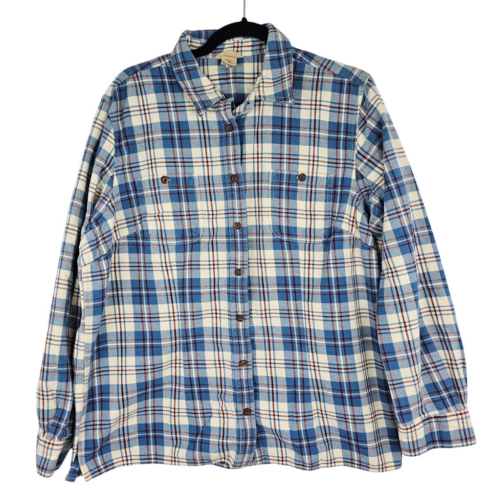 Duluth Trading Co Women's XL Blue Plaid Flannel Button Down Cotton Work Shirt